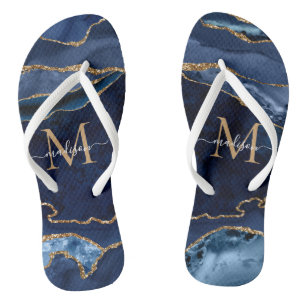 Modern Navy Blue Gold Agate Geode Girly Monogram Thongs