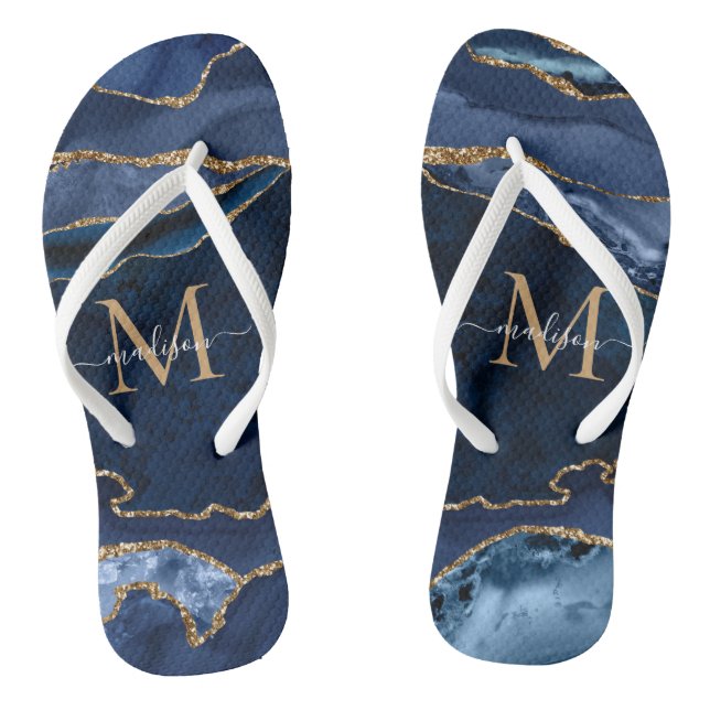 Modern Navy Blue Gold Agate Geode Girly Monogram Thongs (Footbed)