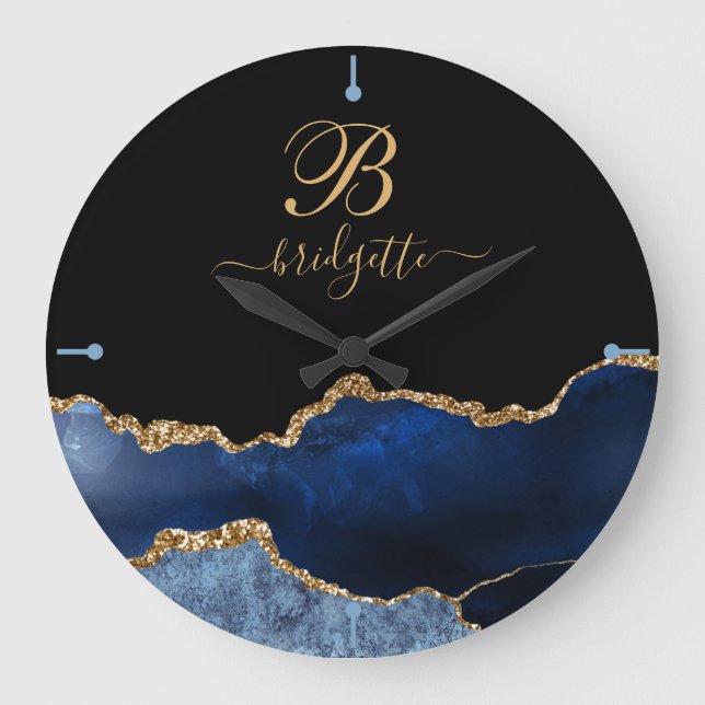 Modern Navy Blue Gold Agate Geode Monogram Large C Clock (Front)
