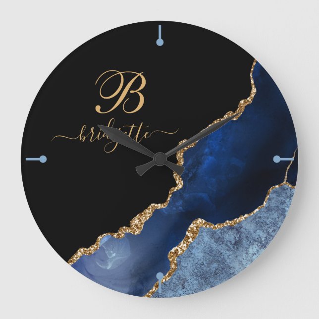 Modern Navy Blue Gold Agate Geode Monogram Large Clock (Front)