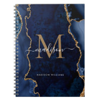 Modern Navy Blue Gold Agate Geode Monogram Script