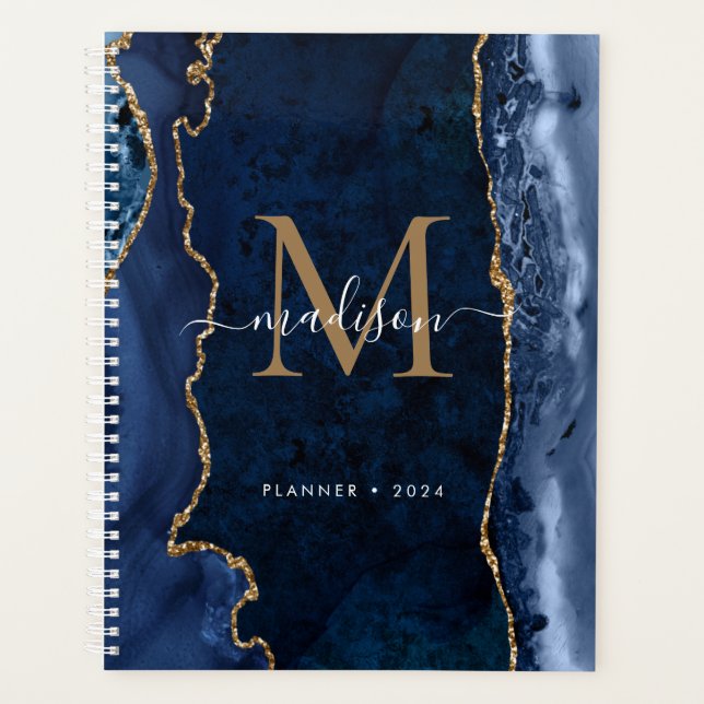 Modern Navy Blue Gold Agate Geode Monogram Script  Planner (Front)