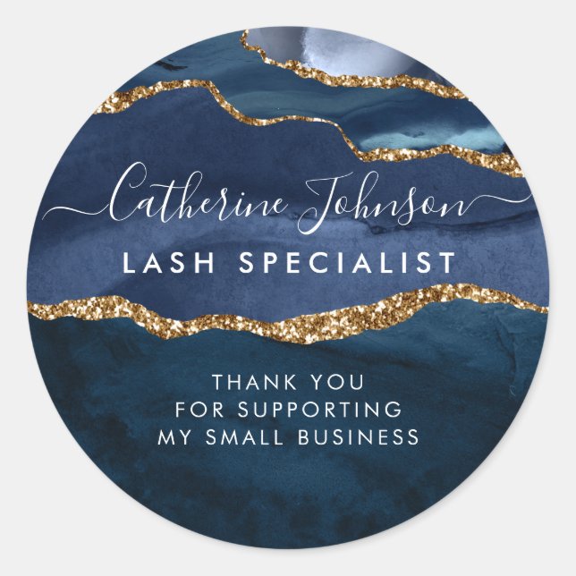 Modern Navy Blue Gold Agate Geode Script Thank You Classic Round Sticker (Front)