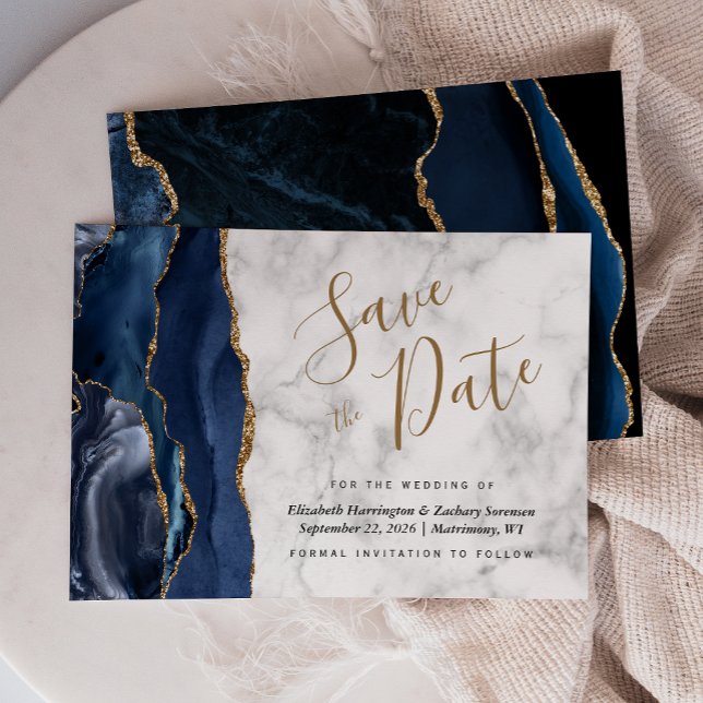 Modern Navy Blue Gold Agate Marble Save the Date Invitation (Creator Uploaded)