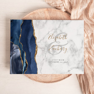 Modern Navy Blue Gold Agate Marble Script Guest Book