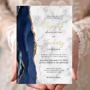 Modern Navy Blue Gold Agate Marble Wedding