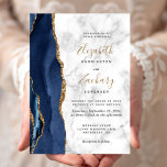 Modern Navy Blue Gold Agate Marble Wedding Invitation<br><div class="desc">The left-hand edge of this elegant modern wedding invitation features a navy blue watercolor agate border trimmed with faux gold glitter. The customisable text combines gold coloured handwriting with black copperplate and italic fonts on a white and grey marble background. The reverse side features a matching blue and gold agate...</div>