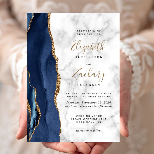 Modern Navy Blue Gold Agate Marble Wedding Invitation (Creator Uploaded)