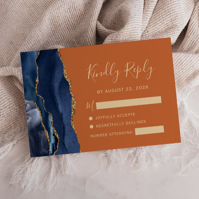 Modern Navy Blue Gold Agate Orange Wedding RSVP Card (Creator Uploaded)