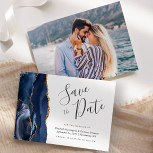 Modern Navy Blue Gold Agate Photo Save the Date Invitation