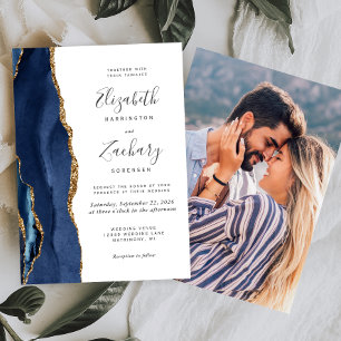 Modern Navy Blue Gold Agate Photo Wedding Invitation