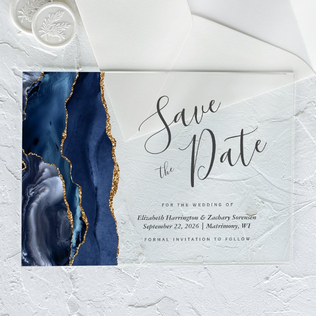 Modern Navy Blue Gold Agate Save the Date Acrylic Invitations (Creator Uploaded)
