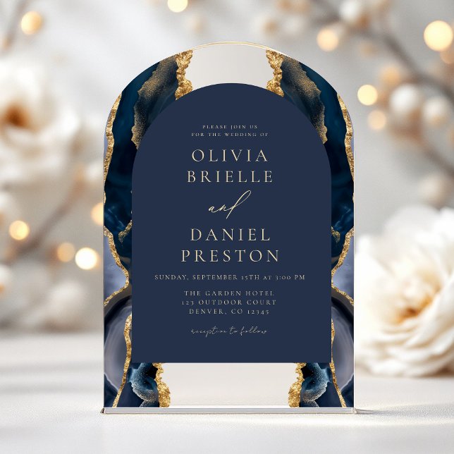 Modern Navy Blue Gold Agate Wedding Elegant Acrylic Invitations (Creator Uploaded)