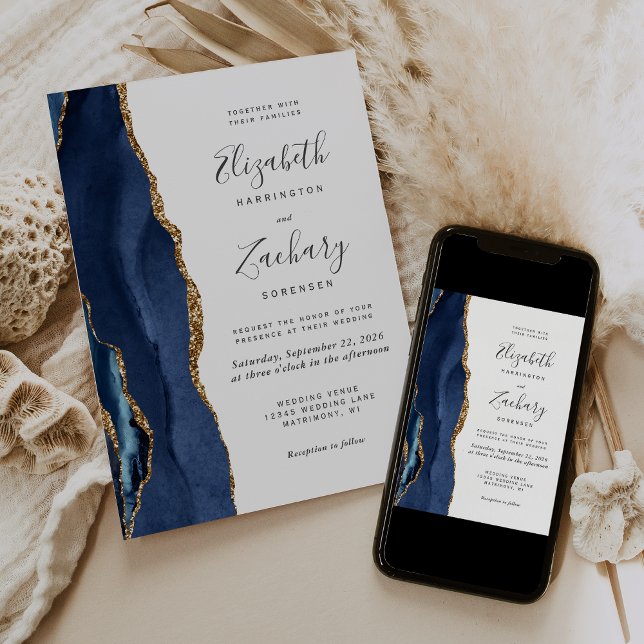 Modern Navy Blue Gold Agate Wedding Invitation (Creator Uploaded)