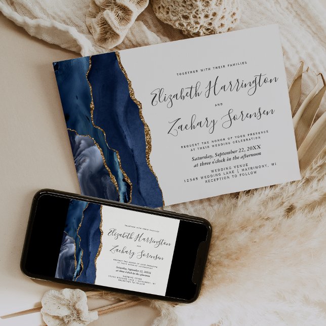 Modern Navy Blue Gold Agate Wedding Invitation (Creator Uploaded)