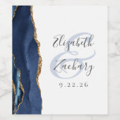 Modern Navy Blue Gold Agate Wedding Wine Label (Single Label)