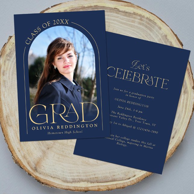 Modern Navy Blue Gold Arch Photo Grad Party Invitation (Creator Uploaded)