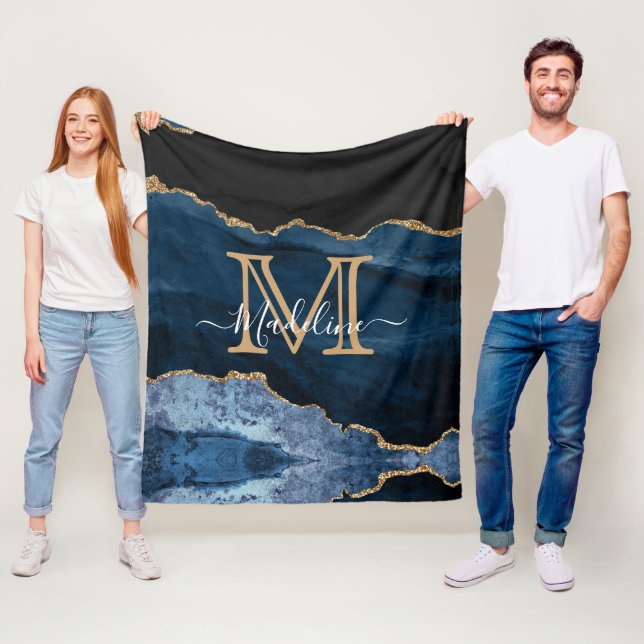 Modern Navy Blue Gold Black Monogram Script Fleece Blanket (In Situ)