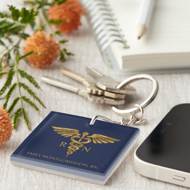 Modern Navy Blue Gold Caduceus RN Nurse Name Title Key Ring (Front Right)