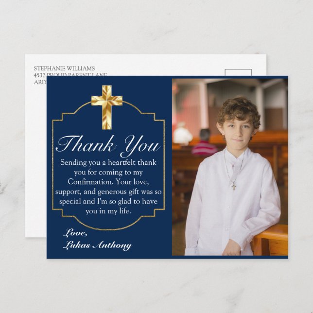 Modern Navy Blue Gold Cross Confirmation Thank You Postcard (Front/Back)