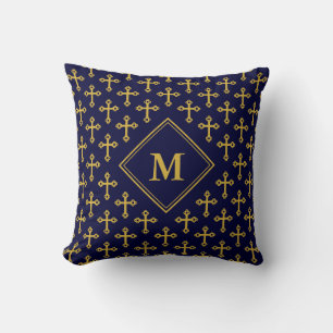 Modern Navy Blue Gold CROSS Monogram Cushion