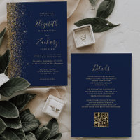 Modern Navy Blue Gold Faux Glitter QR Code Wedding
