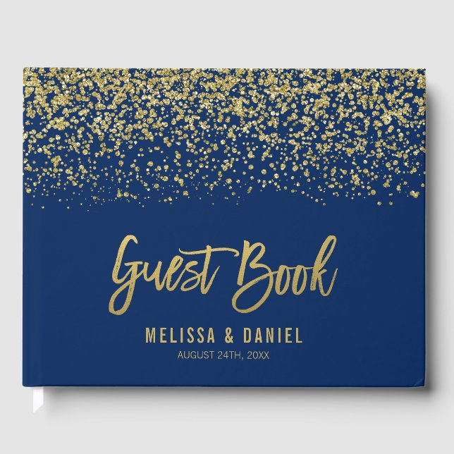 Modern Navy Blue Gold Faux Glitter Wedding Guest Book (Front)