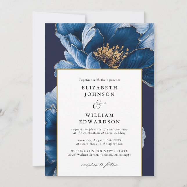 Modern Navy Blue Gold Floral All In One Wedding Invitation (Front)