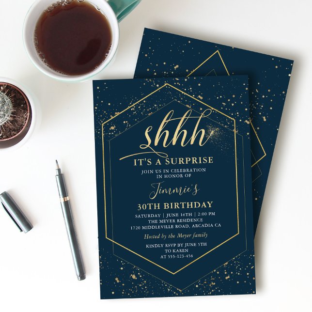 Modern Navy Blue Gold Geometric Surprise Birthday Invitation (Creator Uploaded)
