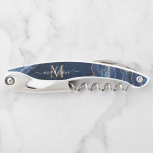Modern Navy Blue Gold Glitter Agate Geode Monogram Corkscrew