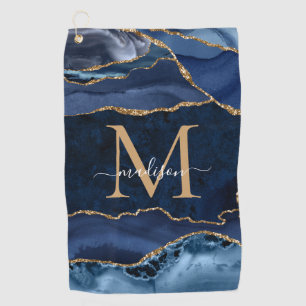 Modern Navy Blue Gold Glitter Agate Geode Monogram Golf Towel
