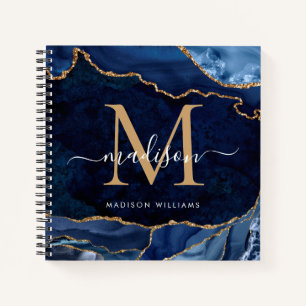 Modern Navy Blue Gold Glitter Agate Geode Monogram Notebook