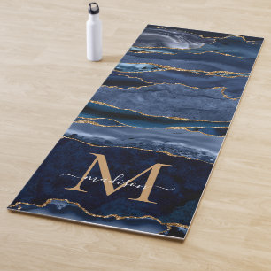Modern Navy Blue Gold Glitter Agate Geode Monogram Yoga Mat