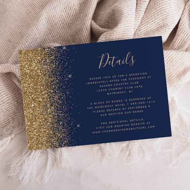 Modern Navy Blue Gold Glitter Edge Wedding Details Enclosure Card (Creator Uploaded)