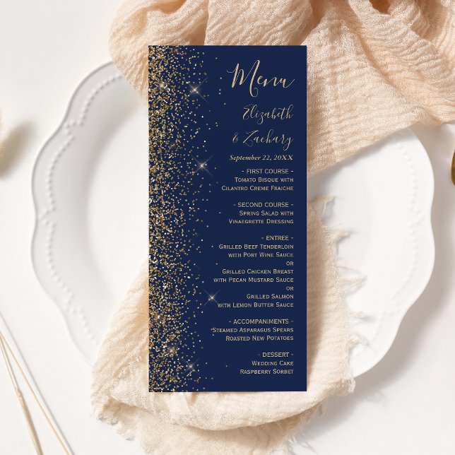 Modern Navy Blue Gold Glitter Edge Wedding Menu (Creator Uploaded)