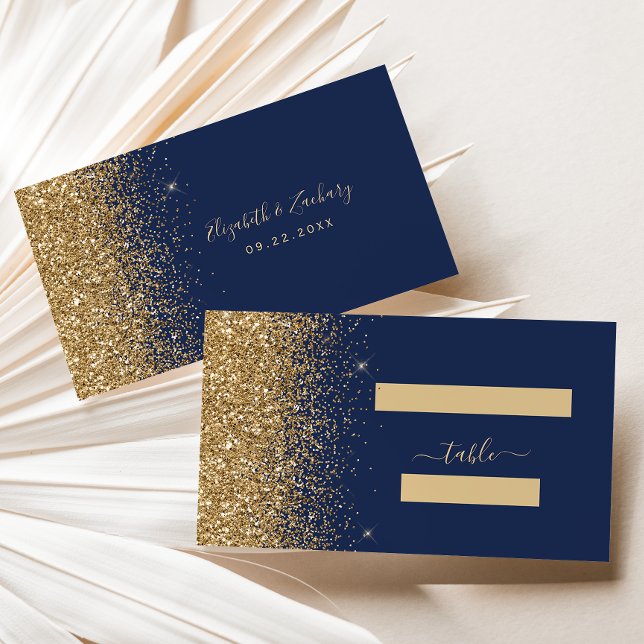 Modern Navy Blue Gold Glitter Edge Wedding Place Card (Creator Uploaded)