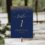 Modern Navy Blue Gold Glitter Edge Wedding Table Number<br><div class="desc">The top edge of this elegant modern wedding table number features a gold faux glitter design. The customisable text combines pale gold-coloured handwriting,  copperplate and italic fonts on a navy blue background.</div>