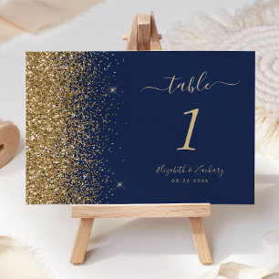 Modern Navy Blue Gold Glitter Edge Wedding Table Number