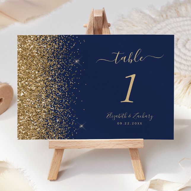 Modern Navy Blue Gold Glitter Edge Wedding Table Number (Creator Uploaded)