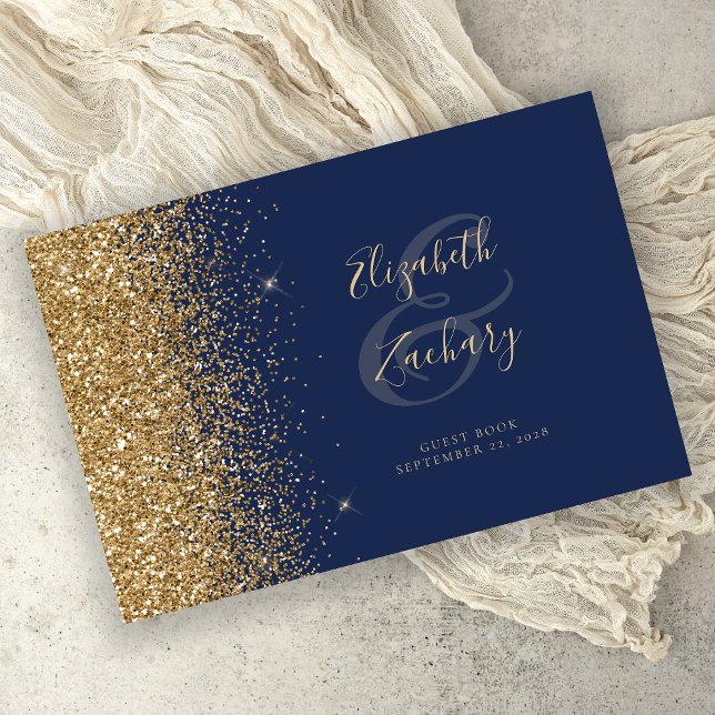 Modern Navy Blue Gold Glitter Script Guest Book (Creator Uploaded)