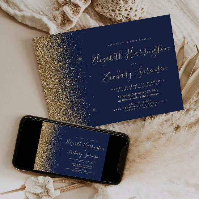 Modern Navy Blue Gold Glitter Wedding Invitation (Creator Uploaded)
