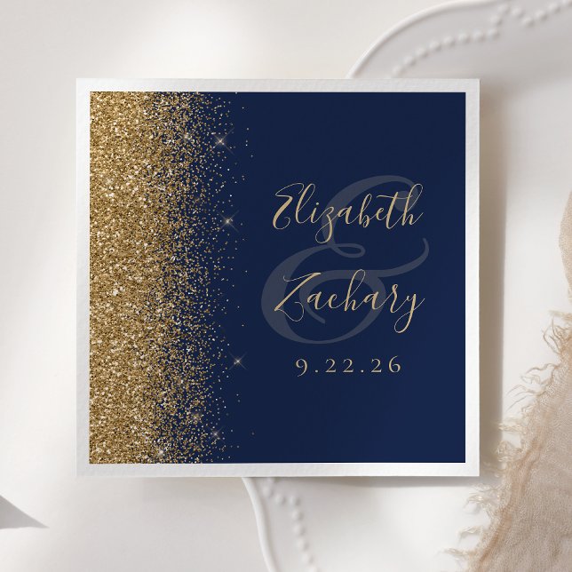 Modern Navy Blue Gold Glitter Wedding Napkin (Creator Uploaded)