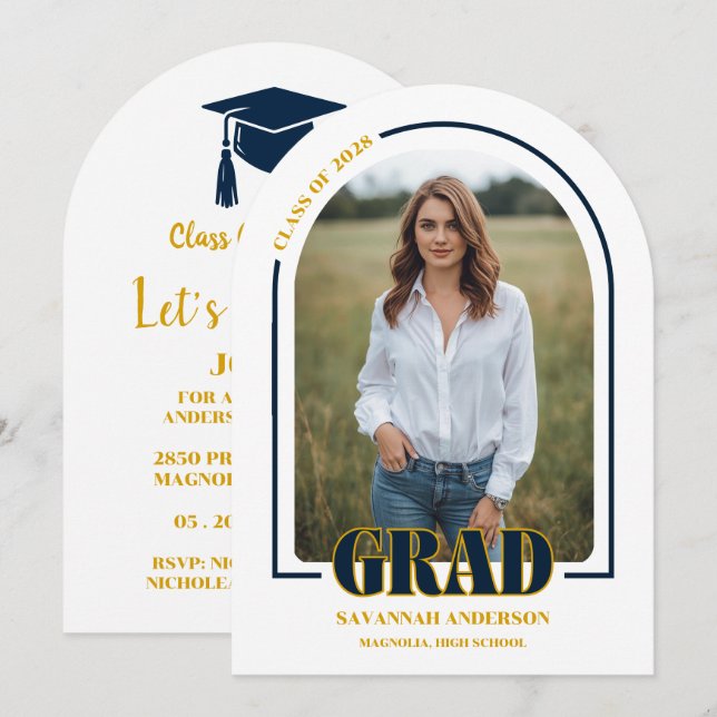 Modern Navy Blue Gold Graduation Party Invitation (Front/Back)