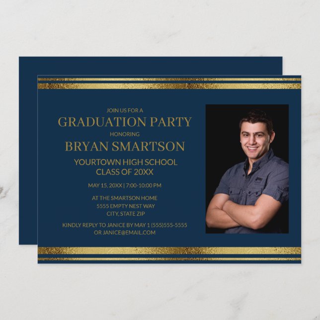 Modern Navy Blue Gold Graduation Photo Invitation (Front/Back)