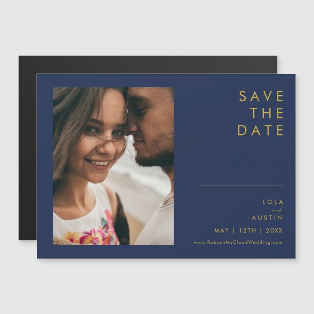 Modern Navy Blue | Gold Horizontal Save The Date Magnetic Invitation (Front/Back)