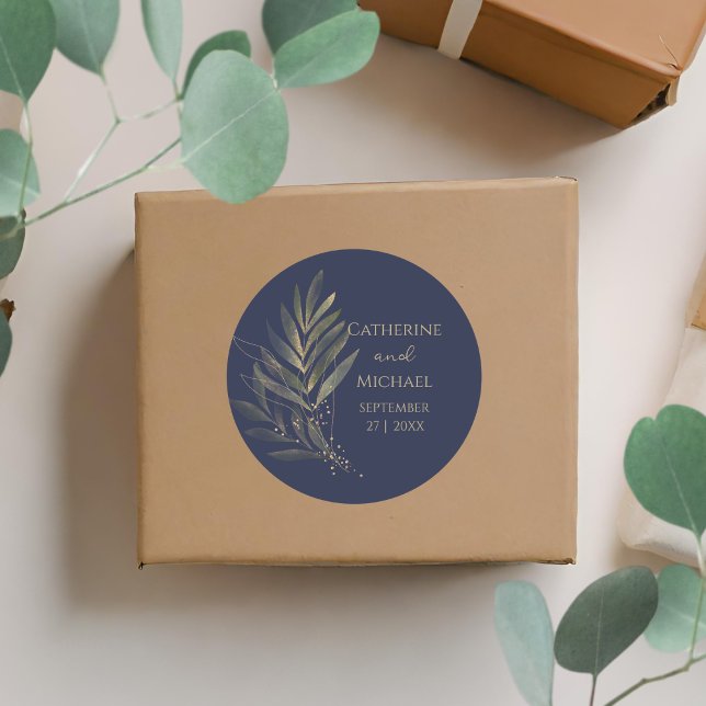 Modern Navy Blue Gold Leaf Wedding Monogram Classic Round Sticker (Creator Uploaded)