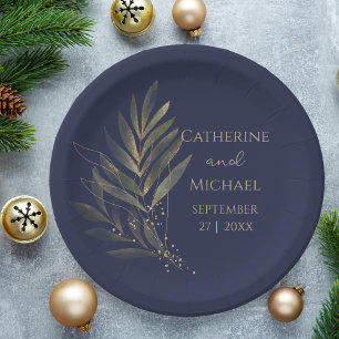Modern Navy Blue Gold Leaf Wedding Monogram Paper Plate