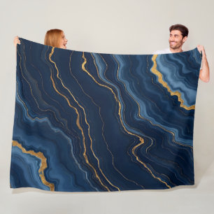 Modern Navy Blue Gold Marble Collection Fleece Blanket