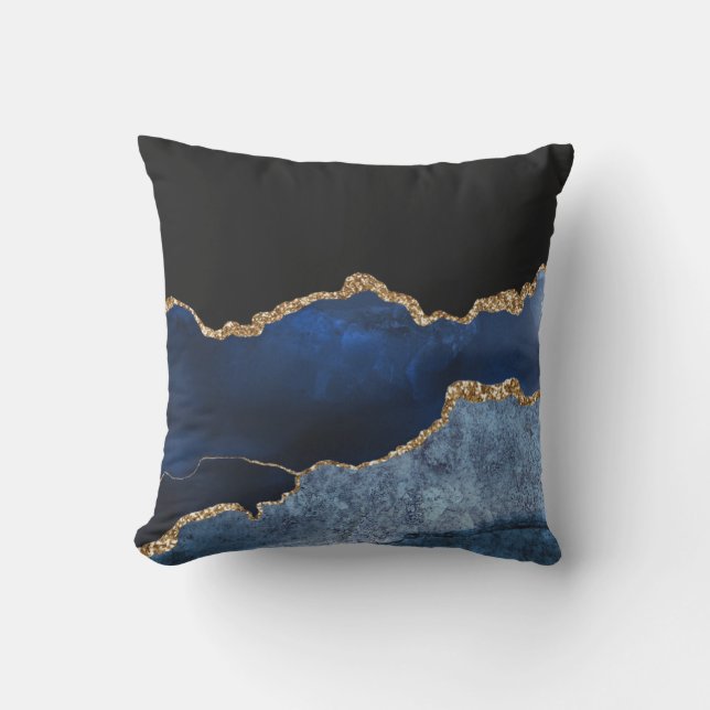 Modern Navy Blue Gold Marble Glitter Cushion (Front)