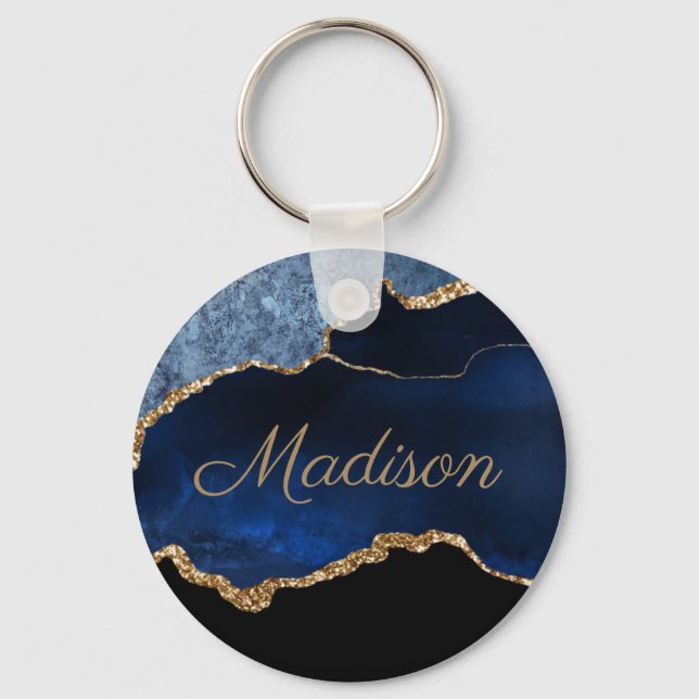 Modern Navy Blue Gold Marble Glitter First Name Key Ring (Front)
